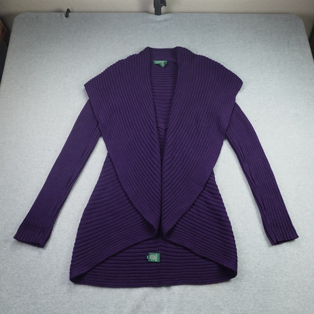 Lauren Ralph Lauren Cardigan Womens S/M Purple Ribbed Shawl Collar Open Front